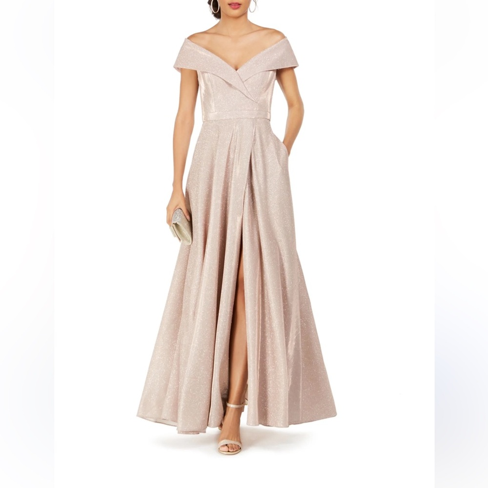 Xscape Off-Shoulder Glitter Maxi Dress in Light Pink